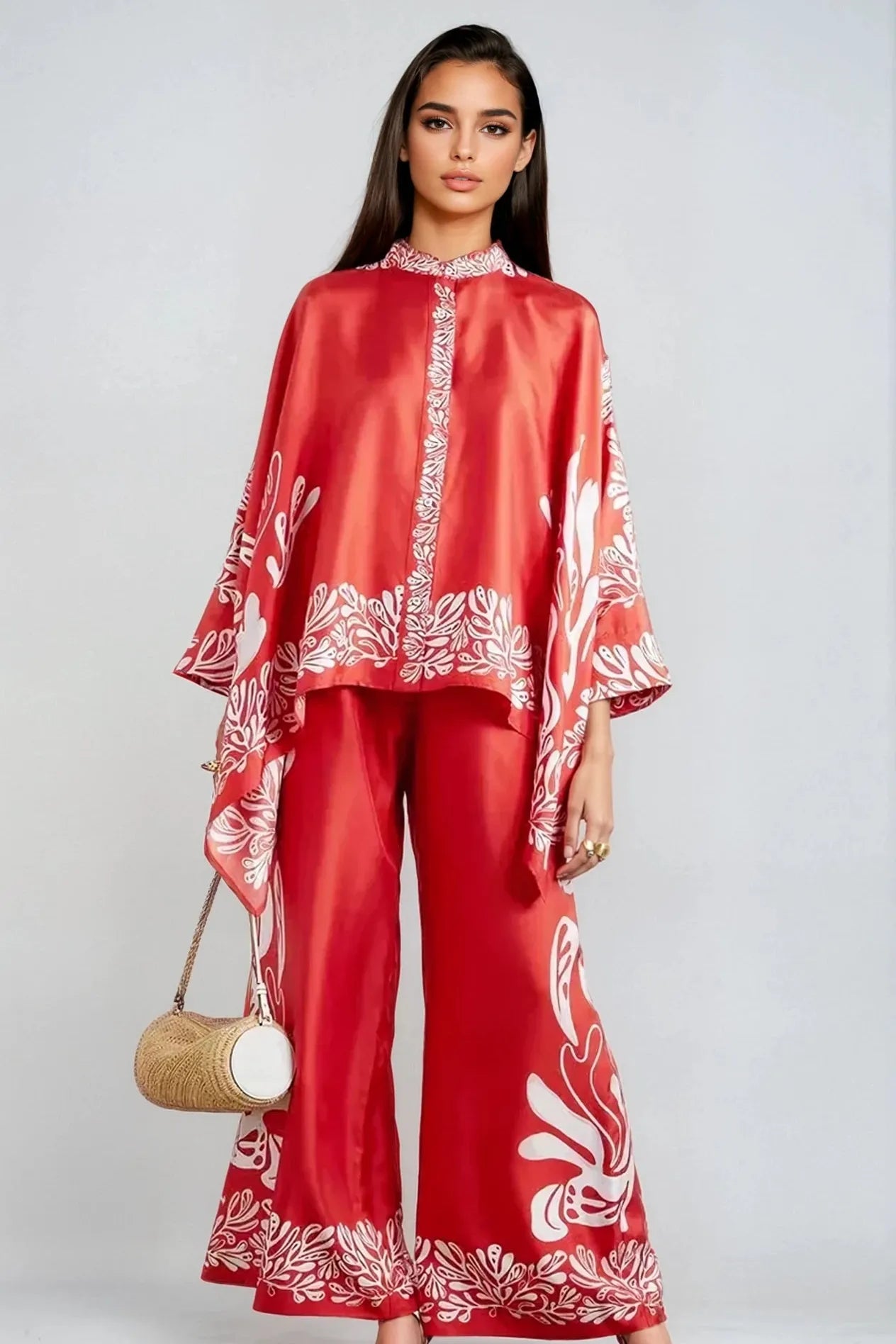 Red Satin Floral Set